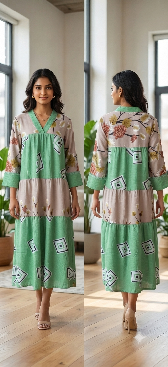 Floral Abstract Panelled Midi Dress