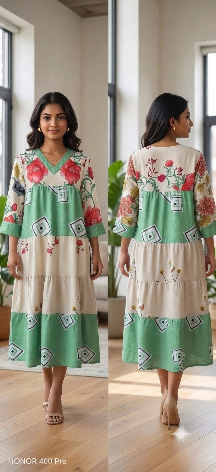 Floral Abstract Panelled Midi Dress
