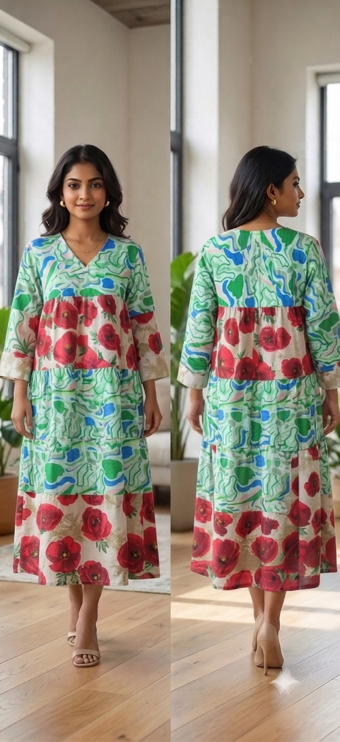 Floral Abstract Panelled Midi Dress