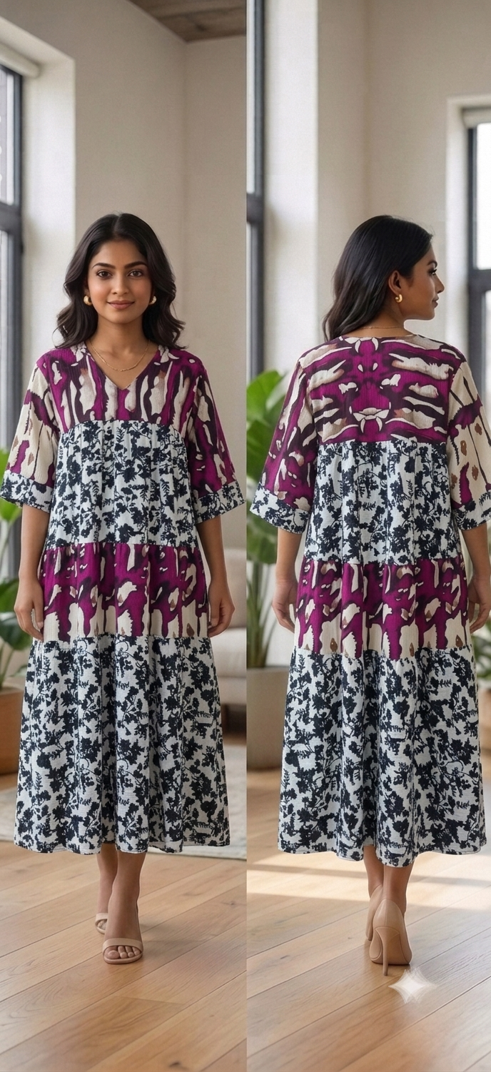 Floral Abstract Panelled Midi Dress