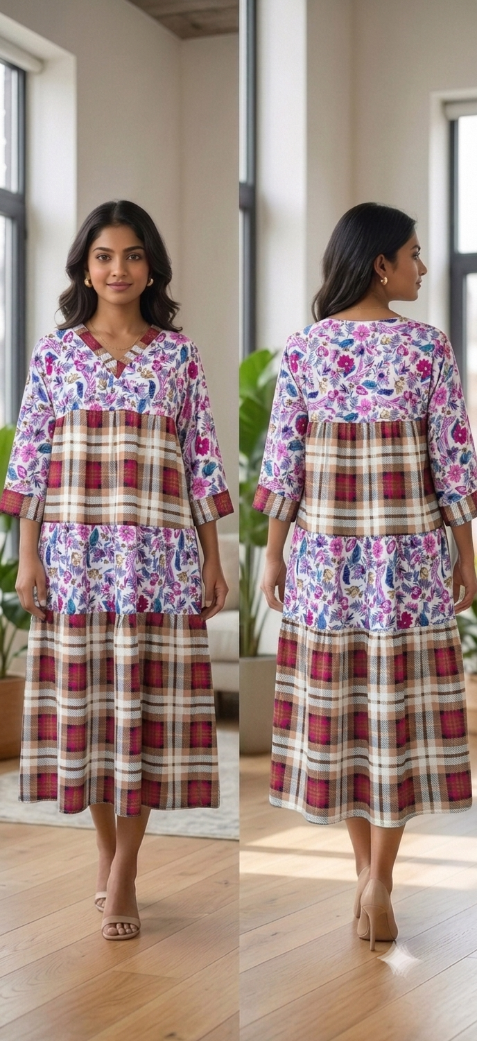 Floral Abstract Panelled Midi Dress