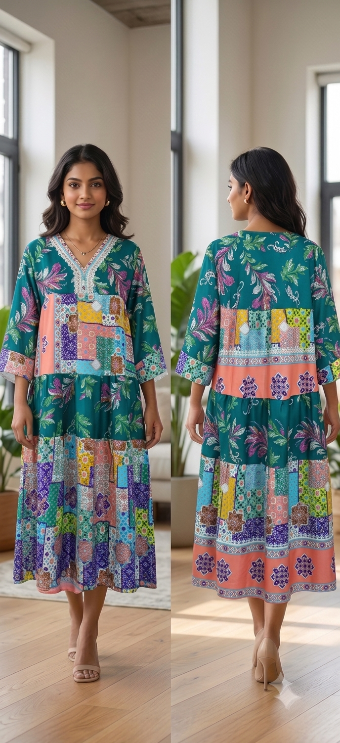 Floral Abstract Panelled Midi Dress