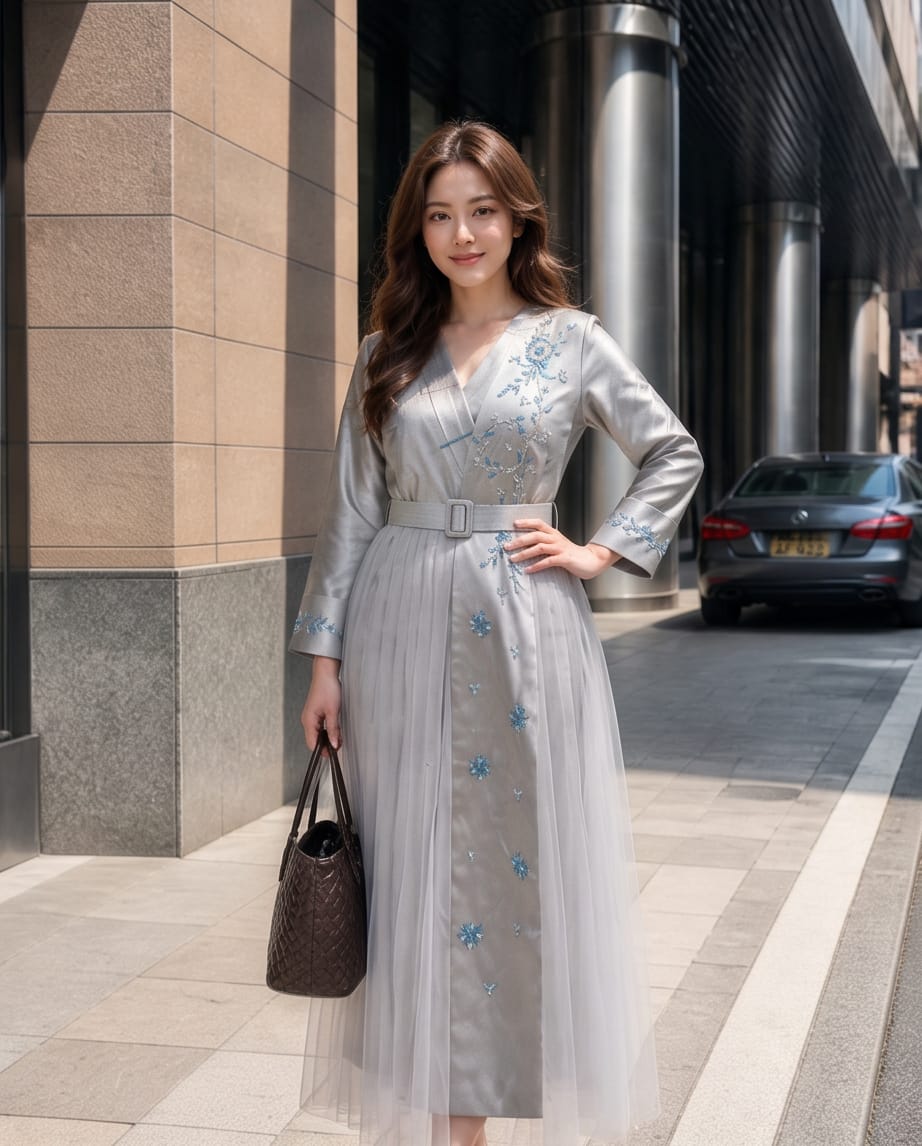A woman stands on a city sidewalk wearing a long, light gray tulle dress with blue floral embroidery and a matching belt. She is holding a dark brown woven handbag, with a modern building facade and a parked car in the background.